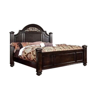Wooden Queen Size Bed With Floral Design In Headboard, Dark Walnut -  Simple Relax, SR03CM7129Q-BED