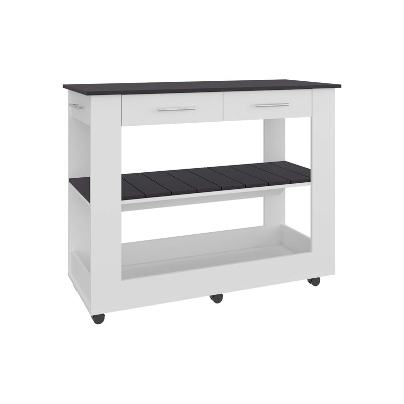 Compact Kitchen Island With Two Drawers, Open Counter Top And Two Below Open Storage Shelves