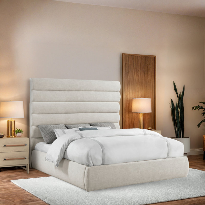 Lit en tissu Adam, Tissu texturé en lin crème, Très grand