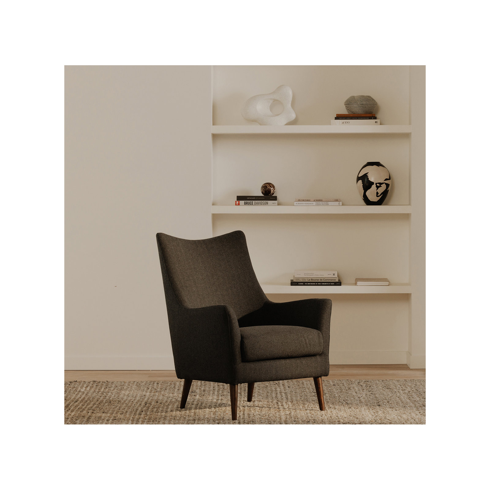 Kronos Wingback Arm Chair, Charcoal Chevron Wool Blend