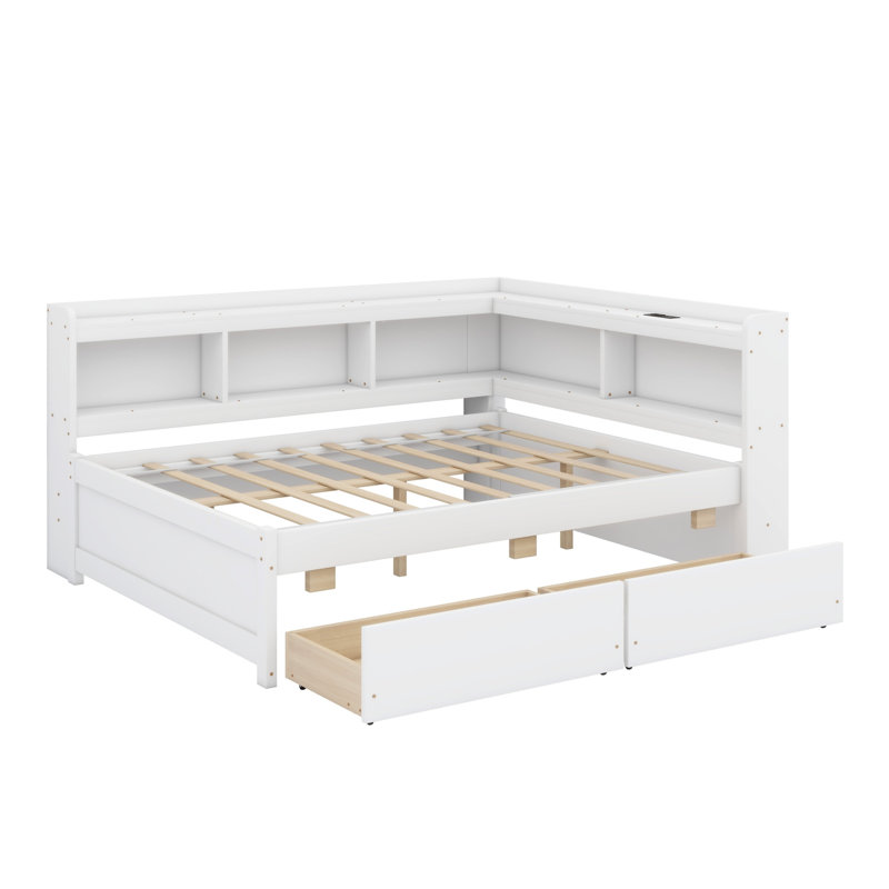 Lit en forme de L avec bibliothèques avec prises de courant, ports de chargement USB, deux tiroirs, Double, Blanc