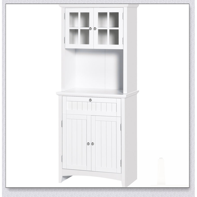 Élégant buffet avec huche, armoire de rangement pour garde-manger avec porte vitrée encadrée, tiroir et espace pour micro-ondes, blanc