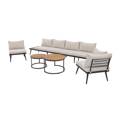 Ensemble de canapé modulaire d'extérieur 6 pièces avec tables basses gigognes rondes et canapé avec coussins pour patio, porche et jardin (beige)