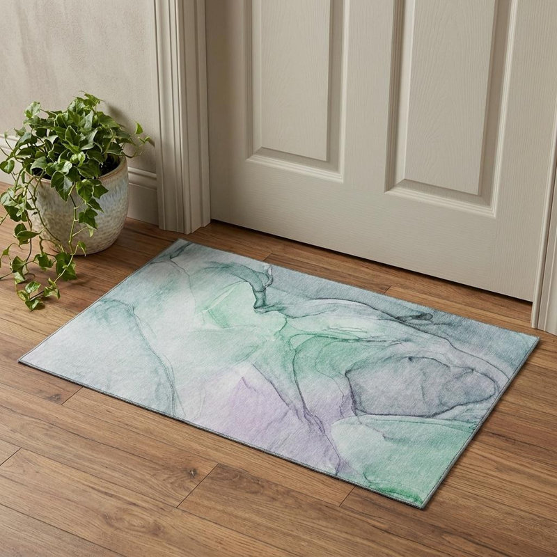 3' X 5' Blue And Green Abstract Washable Area Rug With UV Protection