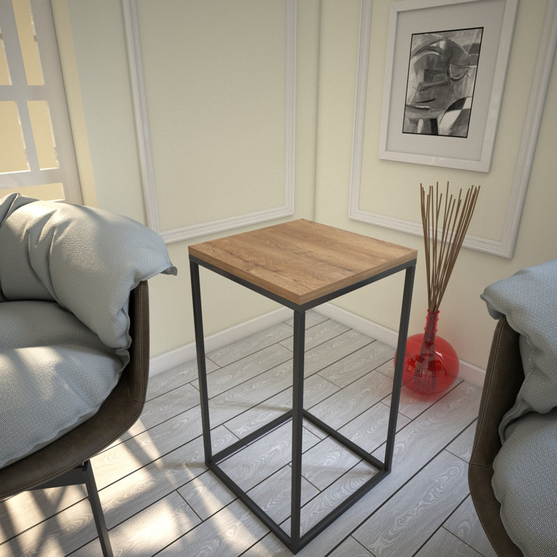 Modern Side Table with Metal Legs, Caucasian Oak Finish, 13.8 x 24.4 x 13.8 inches | 100% Melamine Coated Particle Board, Thickness: 0.7 inches | Industrial Design, Durable Electrostatic Powder Coated Legs, Stylish & Functional