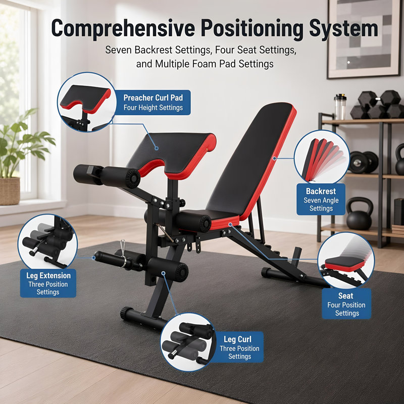 Himimi Adjustable Weight Bench with Leg Extension, Leg Curl and Preacher Curl, 800 lb Capacity for Home Gym