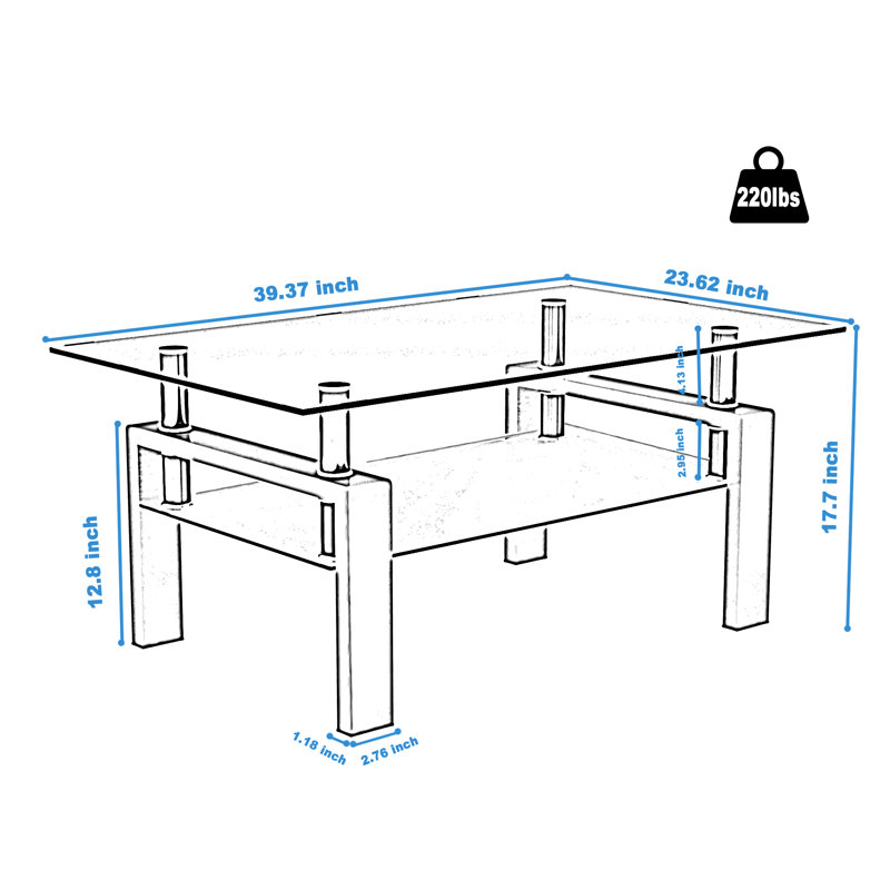 Swann Glass Top Coffee Table, White, Clear, 17.7" H x 39.37" L x 23.62" W