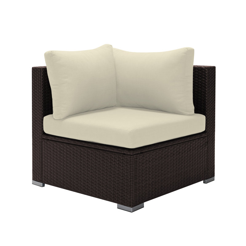 Fauteuil de coin de patio extérieur Maahika en résine tressée PE avec coussin, Coussin beige / structure brune