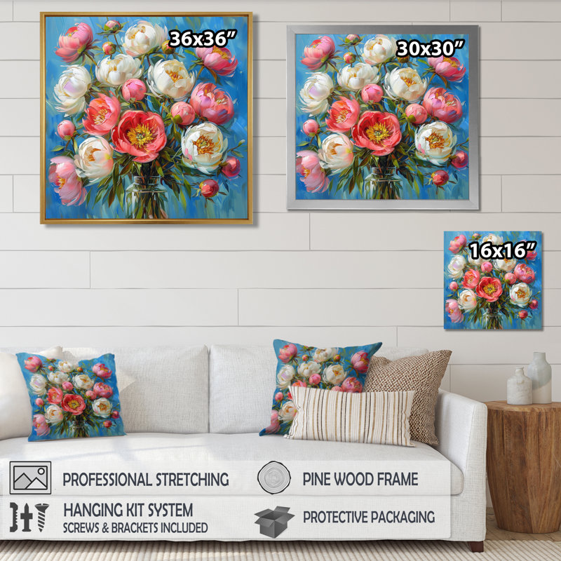 Radiant Bouquet - pivoines, impression d'art mural, H 16 po x l 16 po, Cadre blanc