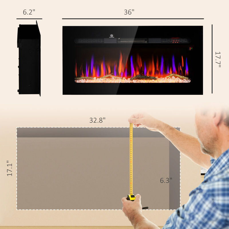 36" Electric Fireplace - 1500W Heater, Wall Mounted, 8H Timer, Adjustable Flame Color & Brightness, Log Crystal, Black Steel Remote, Flame, Steel, Efficient