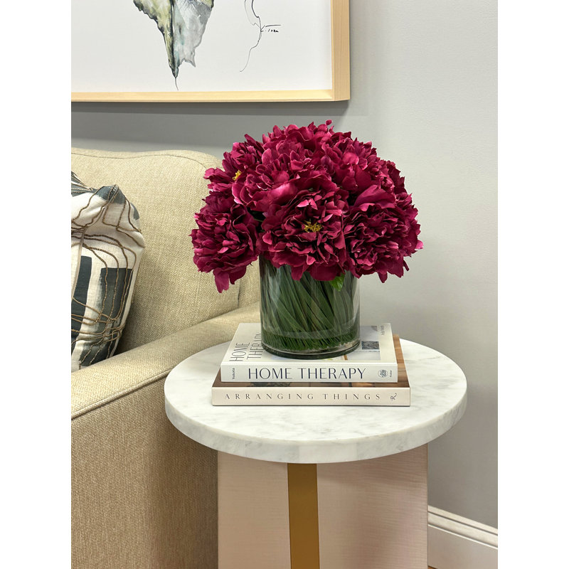 Faux Peony Arrangement in a Glass Vase, Dark Magenta