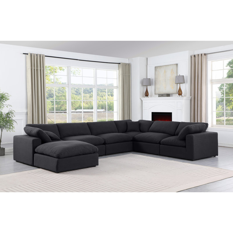 Hunie Upholstered U-Shaped Sectional Reversible, Black Linen Textured Fabric