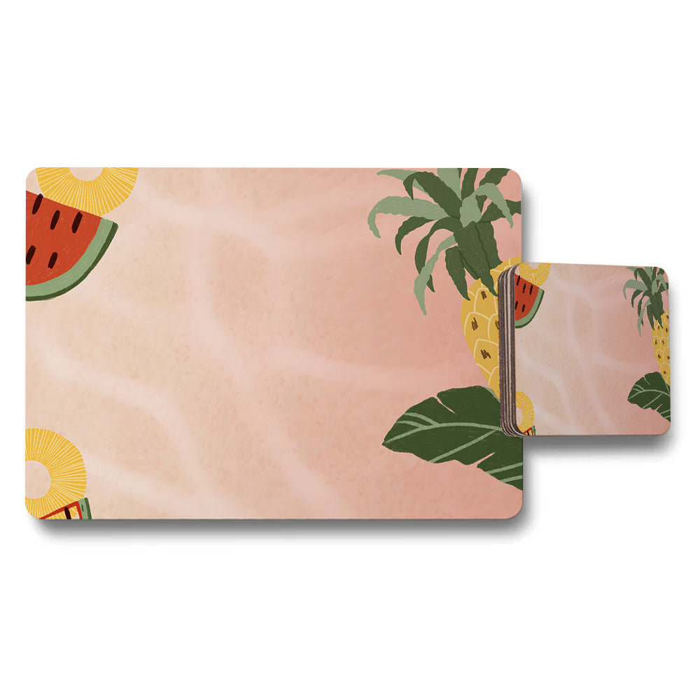 Tropical Fruit Pattern Placemat and Coaster Set with Palm Leaves