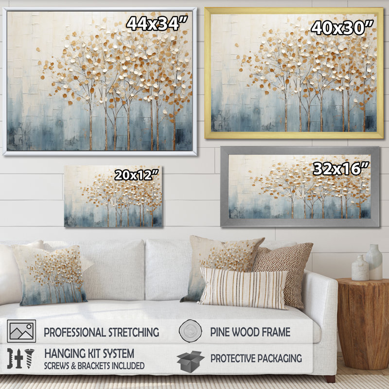 Gold And Blue Trees Harmony V On Canvas Print, White Floater Framed, 24" H x 32" W x 1" D