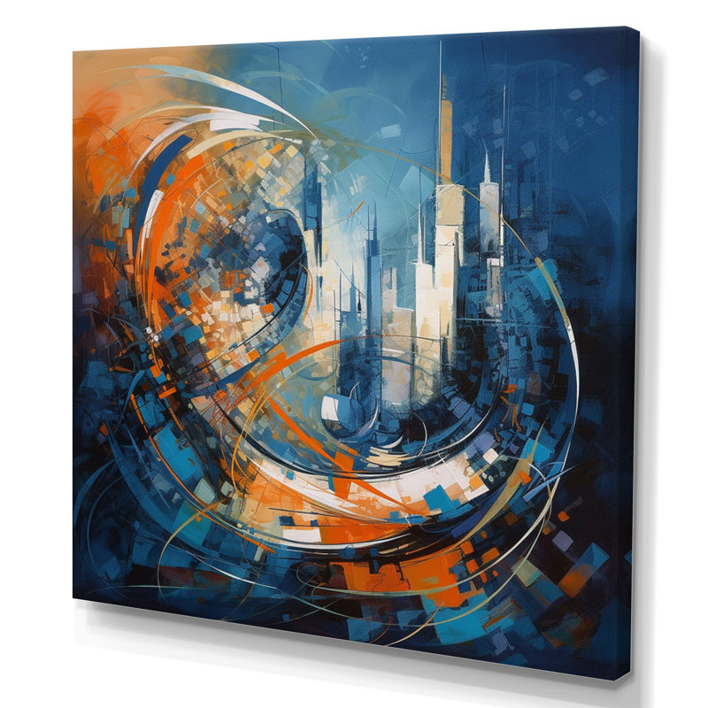 Nori orange et bleu géométrique équilibre IV - art mural abstrait géométrique, H 16 po x l 16 po x P 1 po, Toile tendue