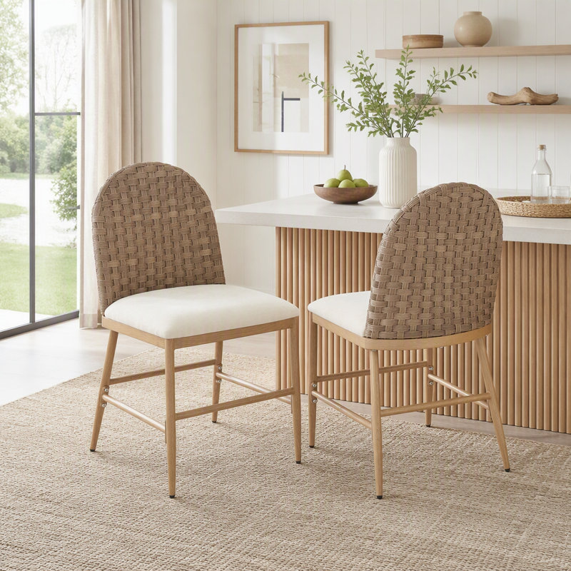 Ensemble de chaises de salle à manger Farmhouse avec dossier en rotin tissé à la main, Tissu beige / brun de 33 po de hauteur
