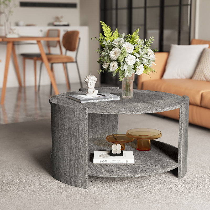 Gray Round Wooden Coffee Table with 2-Tier Storage Shelf