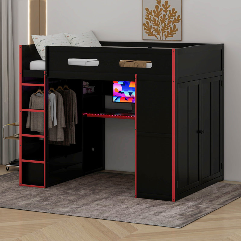 Full Size Wood Loft Bed With Desk,Wardrobe,Ample Storage Space,And RGB LED Light, Red