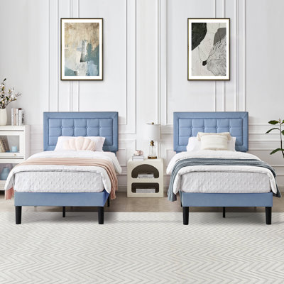 Scarpaci Twin Size Upholstered Bed Frame Set of 2, 2 Pieces Twin Platform Bed Frame with Adjustable Headboard, Wooden Slats Support, No Box Spring Needed, Noise-Free