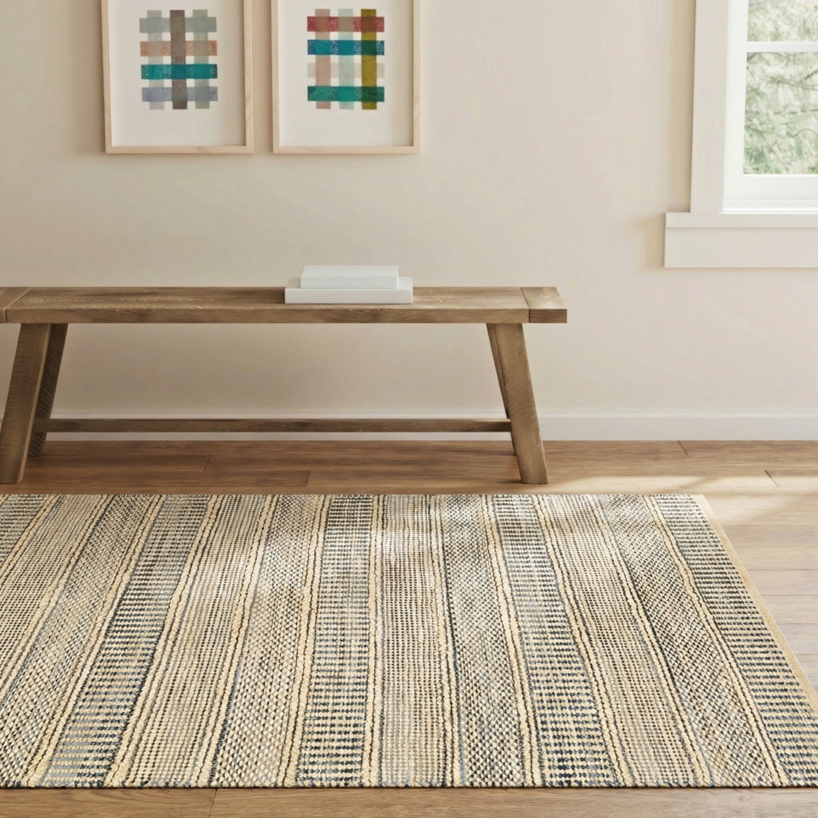 Mulaney Denim Cream Hand-Woven Geometric Jute Rug, Rectangle 5' x 8'