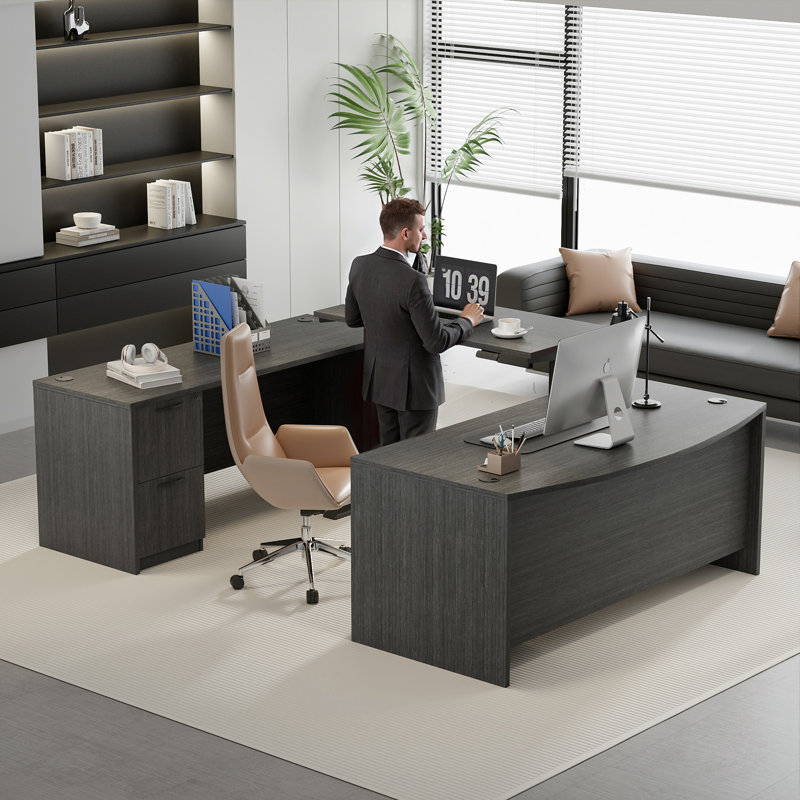 106.3'' Height Adjustable U-Shaped Executive Desk with File Cabinets, Gray