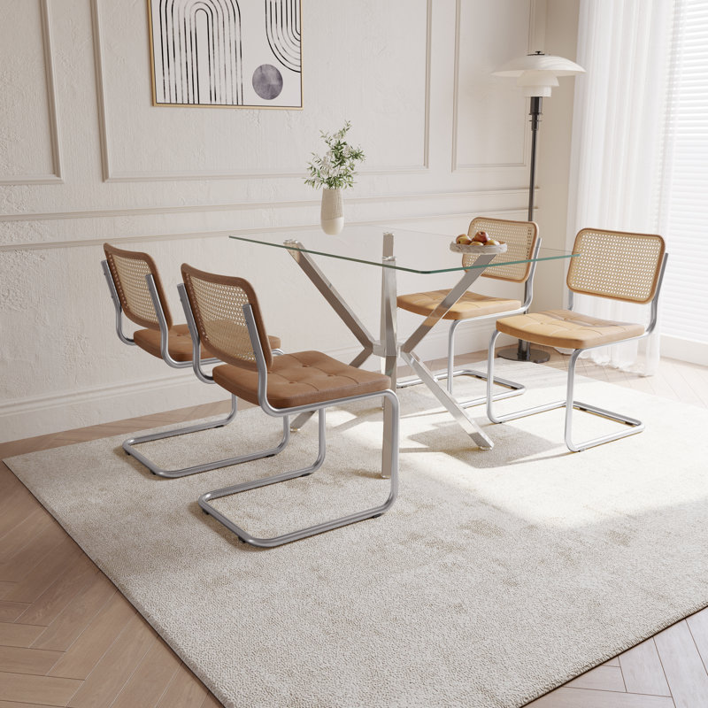 Table de salle à manger rectangulaire en verre trempé de 47,24 po avec pieds en métal, Clair, Argent argent