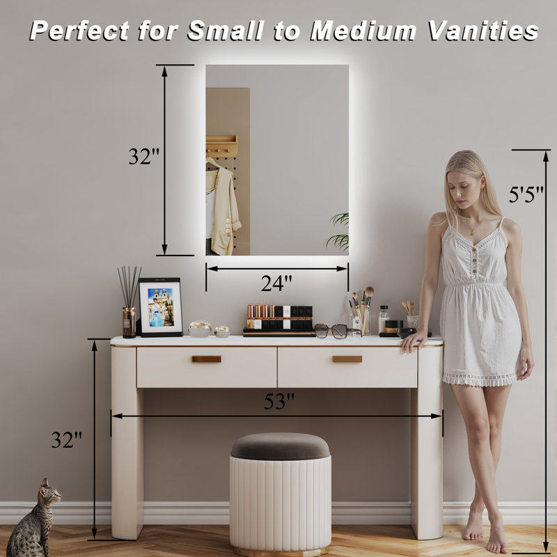 Modern ETL Certified LED Frameless Backlit Anti-Fog Dimmable Tempred 3-color Temperatures Rectangular Vanity Mirror For Bathroom