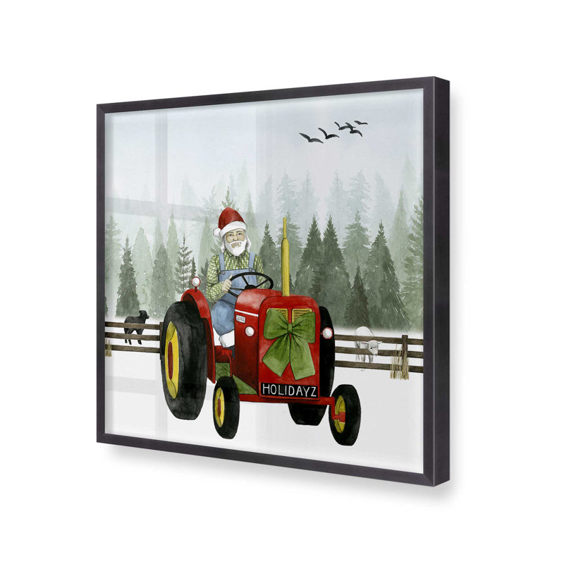 «Santa's Christmas Tractor Ride I Print», Cadre simple en zinc patiné, bois massif, H 13,75 po x l 13,75 po