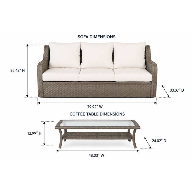 Ensemble de canapé d'extérieur en rotin gris clair 2 pièces avec table basse Camil - Mobilier de patio résistant aux intempéries avec coussins blancs