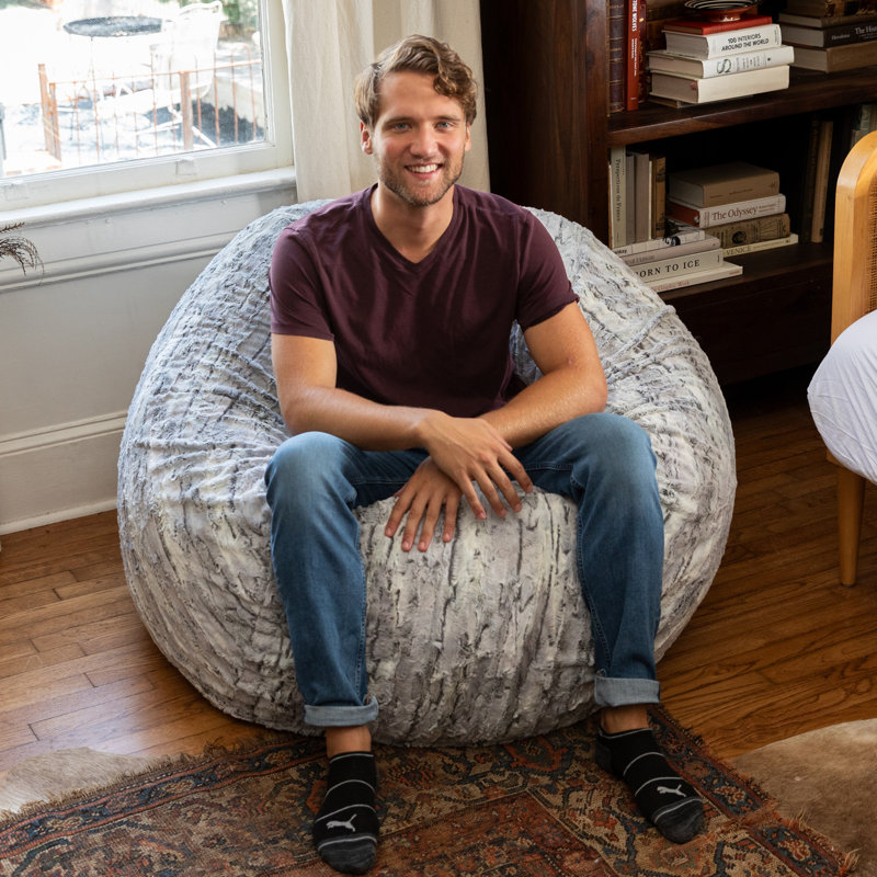 Saxx 4 Ft Plush Round Bean Bag - Premium Luxe Faux Fur, Silver Fox