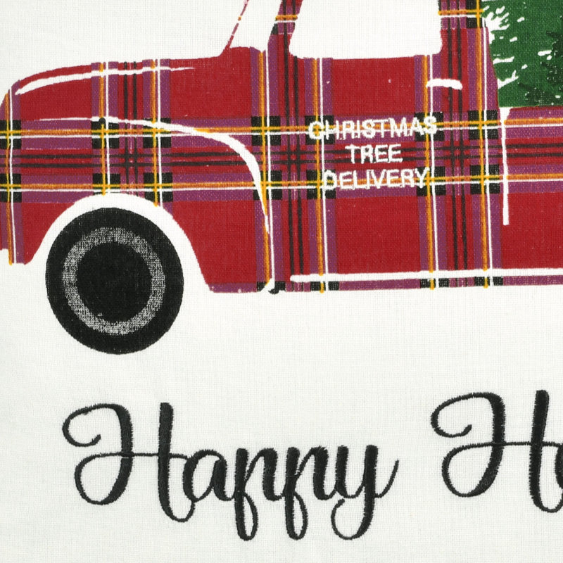 Red Holiday Truck Plaid Embroidered Cotton Blend Pillow Cover 20" x 20"