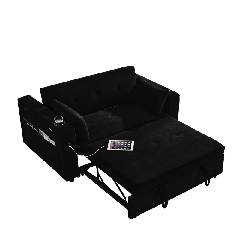 54" Pull-Out Sleeper Sofa Bed Double Seat Recliner Sofa Bed With Armrests With Storage And Side Pockets, Black Chenille
