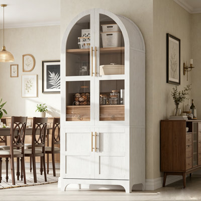 71" Tall Farmhouse Arched Kitchen Pantry Cabinet, Freestanding Storage Cupboard with Glass Doors & Hidden Drawer