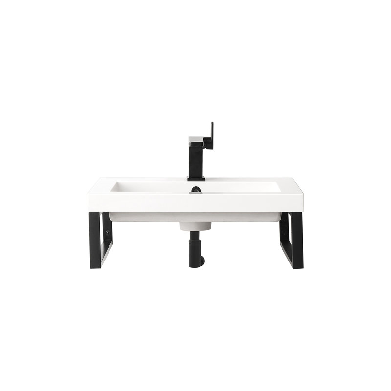 Boston Glossy White Resin Rectangular Wall Mount Bathroom Sink with Overflow, Matte Black