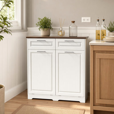 Double Tilt Out Trash Cabinet 20 Gallon with Odor Control & Power Outlet, Free Standing Hidden Garbage Can Holder with 2 Drawers Double Door for Kitchen Bathroom (Trash Cans Not Included)