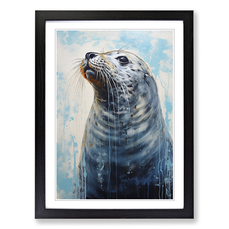 Seal Gestural - Single Picture Frame Print on Wood, 64cm H x 46cm W x 2cm D, Black 