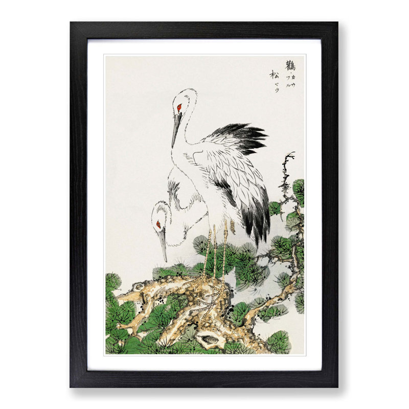 Two Japanese Storks by Numata Kashu - Picture Frame Painting Print on MDF, 36cm H x 27cm W x 2cm D, Black Framed