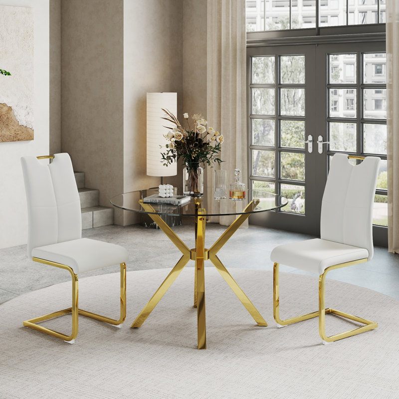 35.4" Modern Tempered Glass & Metal Dining Table Set For 2-4, PU Leather Upholstered Armless Chairs, Easy Clean & Luxury Look