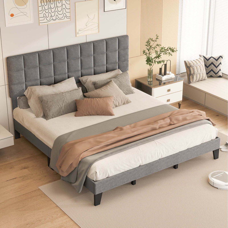 Bed Frame Modern Linen Fabric Upholstered Platform Bed With Headboard, King