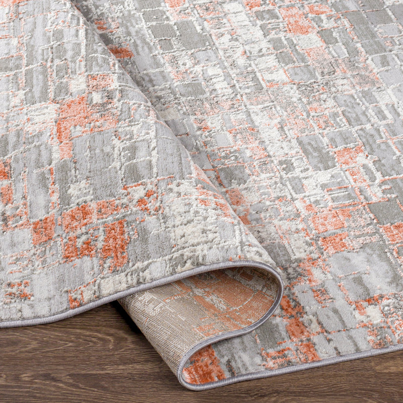 Tapis abstrait gris / orange Kollman, Rectangle 6 pi 7 po x 9 pi