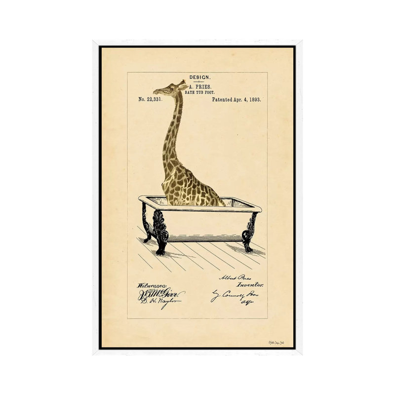 Giraffe in Tub 1 Piece Wall Art on Canvas, 66.04cm H x 45.72cm W x 3.81cm D, White Floater Framed