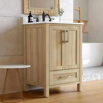 Meuble-lavabo 24 po avec comptoir en pierre reconstituée blanche, dosseret et lavabo en céramique Bombay