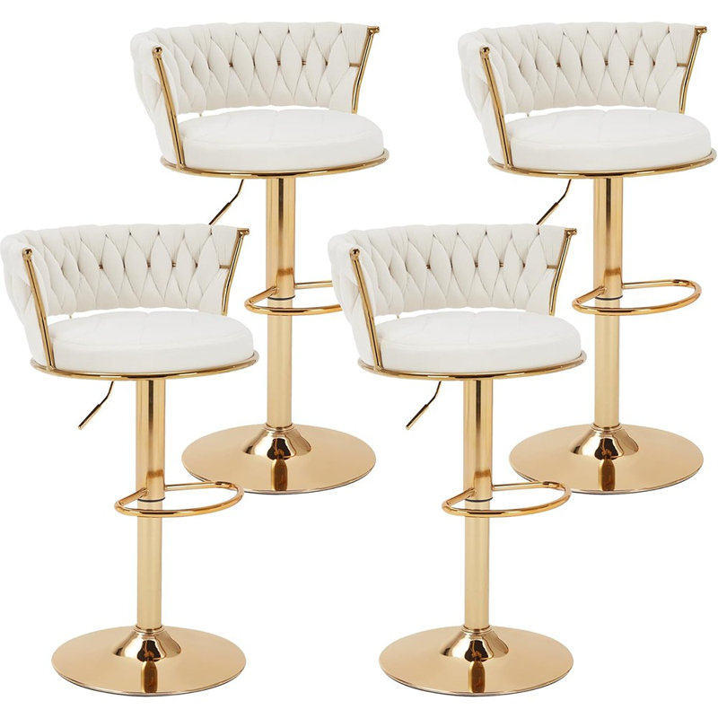 Ensemble de 4 tabourets de bar modernes en velours avec dossier et accoudoirs, base en métal doré, chaises pivotantes à 360 °, blanc