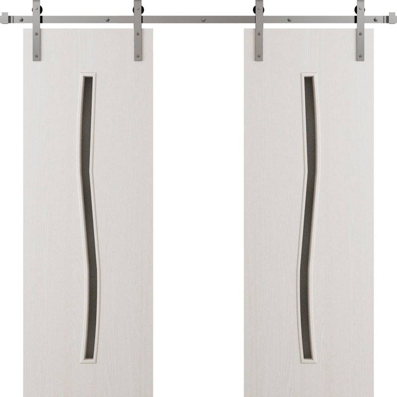 Porte de grange double moderne - ESSENTIEL 8002 - Ensemble de rail 14 pi - Portes intérieures à panneau plein, Cendre Franko