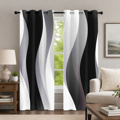 2Pcs Black and White Wavy Stripe Curtains, Minimalist Style Curtain, Contemporary Graphic Gradient Printed Art Grommet Drapes, Window Treatment for Bedroom Living Room Decor