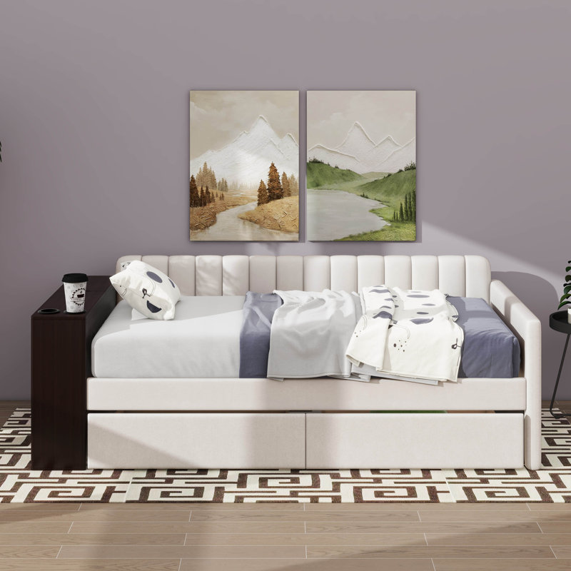 Lit de jour simple rembourré avec accoudoirs de rangement et 2 tiroirs, Beige