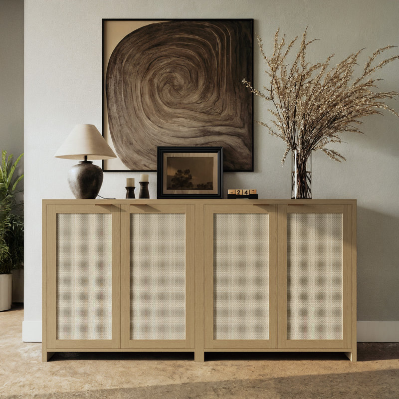 62" Rattan Sideboard - Woven Storage Cabinet for Dining Room & Entryway | Set Includes Two Separate Side Cabinets, Beige