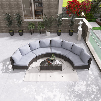 5-Piece All-Weather PE Rattan Sectional Sofa Set, Outdoor Patio Furniture With Tempered Glass Half-Moon Table, Free Combination Conversation Set，Grey
