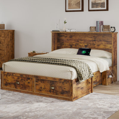  Arlina Farmhouse Queen Murphy Bed With Charging Station & Storage Drawer,Rustic Brown