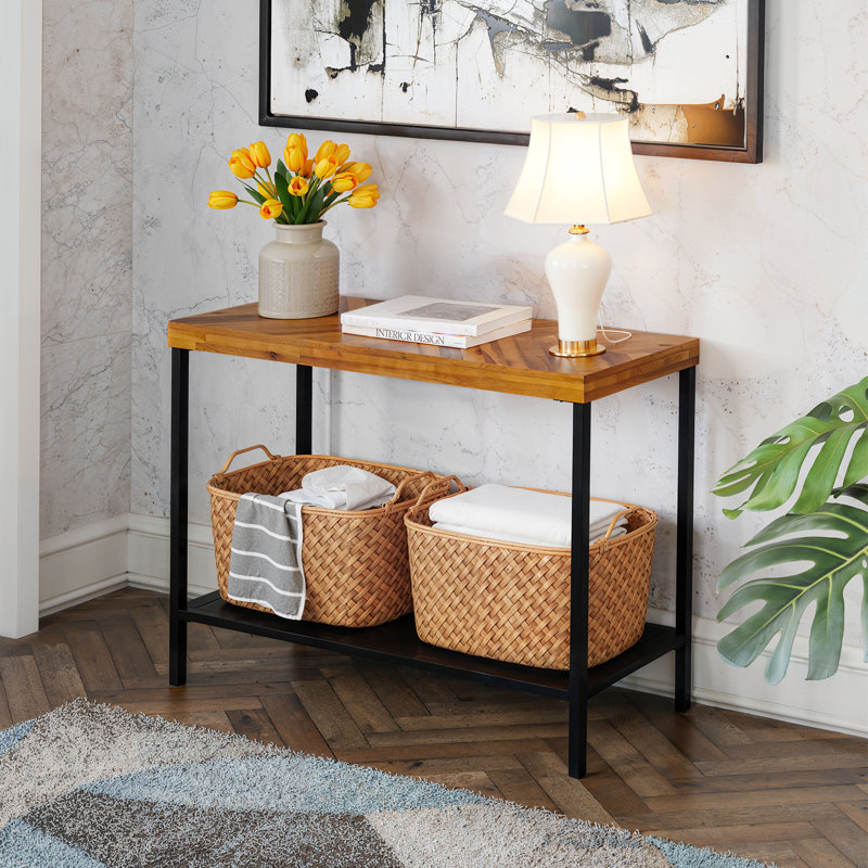 Vivian Console Table No Drawer – Rustic Golden Brown with Herringbone Wood Top & Iron Legs